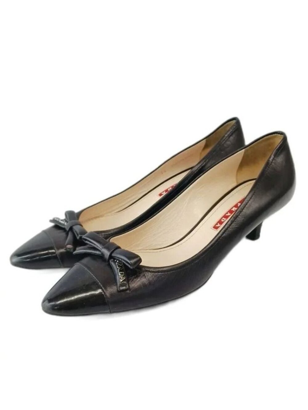 Prada Pumps Leather Patent Paneled Pointed Toe Low Heels Ribbon Logo Black